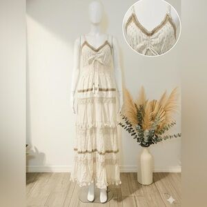 Me2Magic Cream & Gold Embroidered Boho Maxi Dress - Size L - 100% Cotton